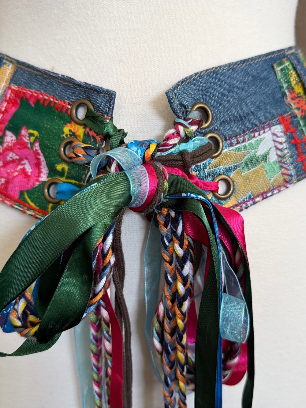Handmade Boho Patchwork Denim Belt Art Ribbon Lace Up Festival OOAK - Picture 2 of 15